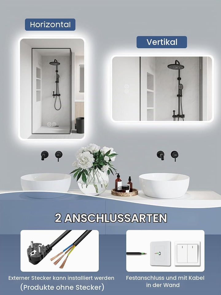 Badspiegel mit Beleuchtung, 50x70cm LED Badezimmerspiegel mit Touchschalter, Dimmbar Lichtfarbe 3 Fa