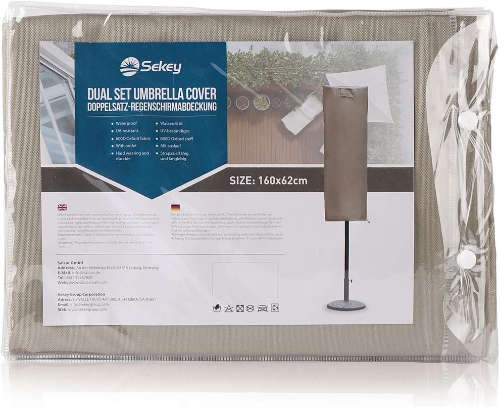 Sekey Schutzhülle für DoppelSonnenschirm, Abdeckhauben für Sonnenschirm Taupe 160×62 cm Taupe, 160×6