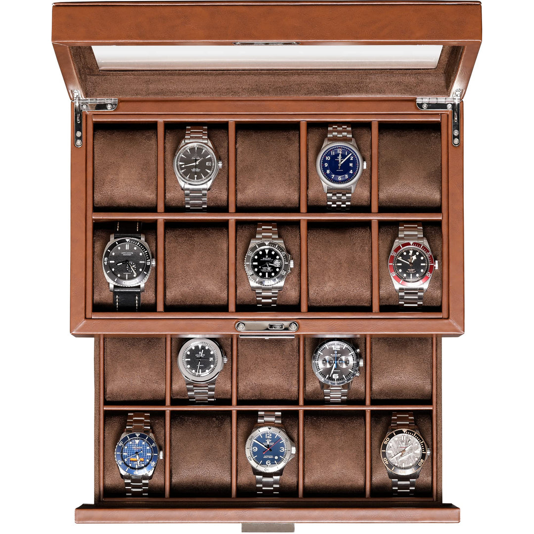 ROTHWELL Uhrenbox aus Leder mit 20 Fächern, luxuriöses Uhrengehäuse, Schmuck-Organizer, verschliessb