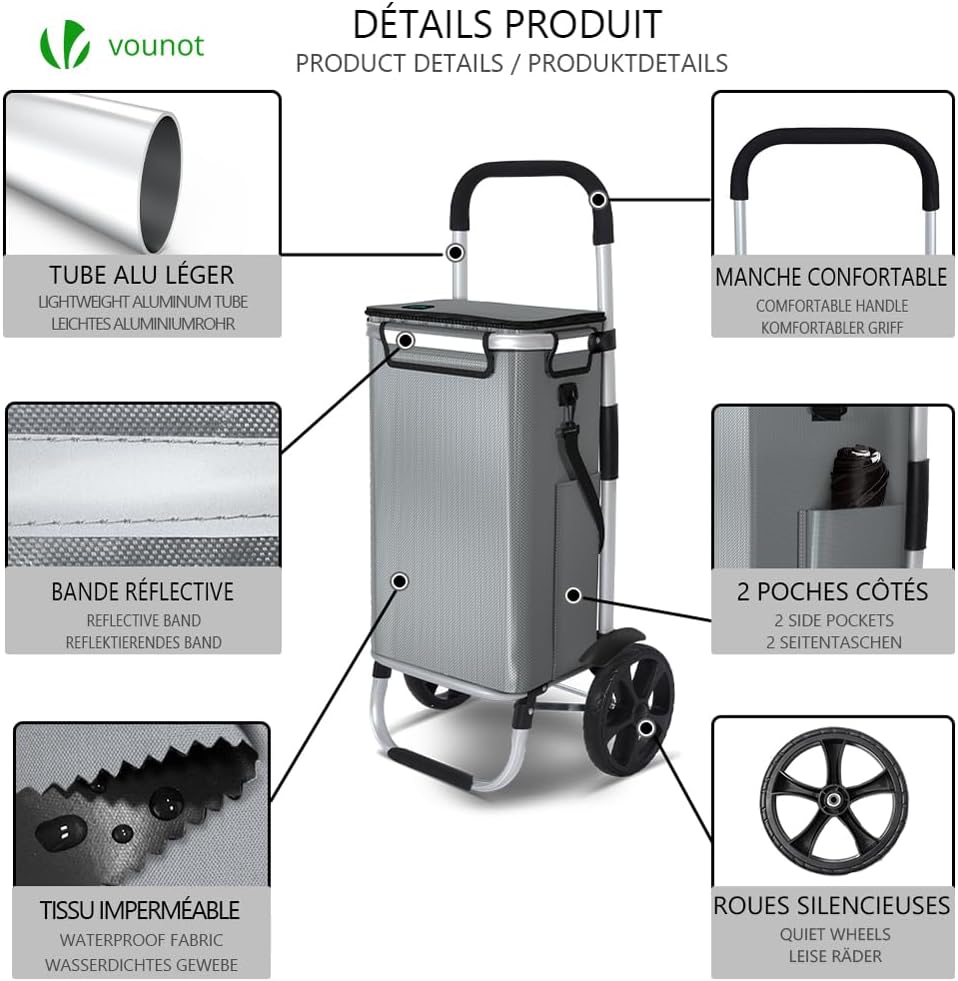 VOUNOT Einkaufstrolley Klappbar aus Aluminium mit 50L Wasserdichter Tasche und Kühlfach, 2 Extra gro