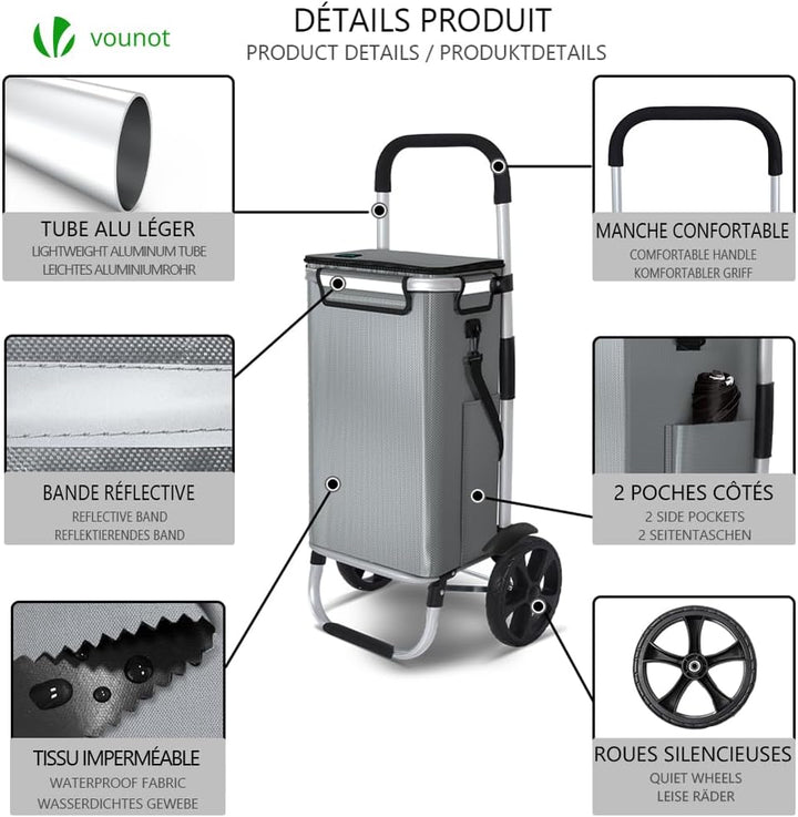 VOUNOT Einkaufstrolley Klappbar aus Aluminium mit 50L Wasserdichter Tasche und Kühlfach, 2 Extra gro