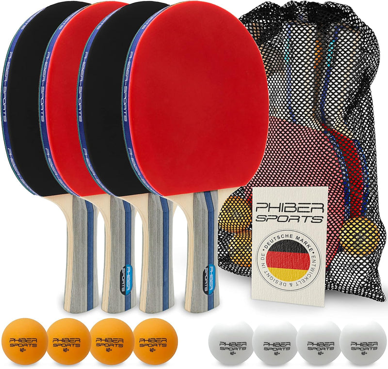 PHIBER-SPORTS Tischtennis Set mit 4 Tischtennisschläger + 8 Tischtennisbälle + Praktische Tragetasch