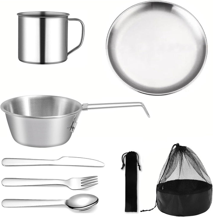 Camping Geschirr Set 8 Teilig, Wiederverwendbarer Camping Besteckset, Camping Geschirr 1 Person Inkl