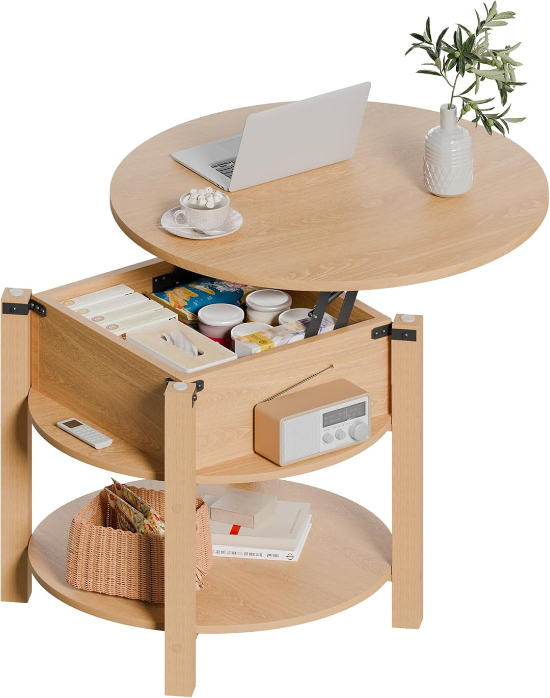 ELUCHANG Couchtisch Rund mit Hebeplatte, Couchtisch Höhenverstellbarer 2 in 1, Beistelltisch Wohnzim