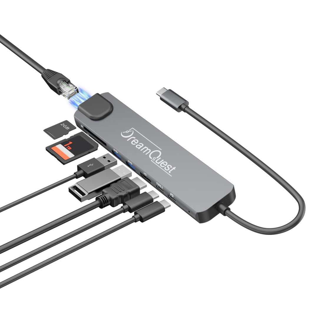 DreamQuest USB-C Hub 8-in-1 mit 100Mbps LAN-Anschluss, 4K HDMI, PD 65W, USB 3.0/2.0, SD/TF Kartenles