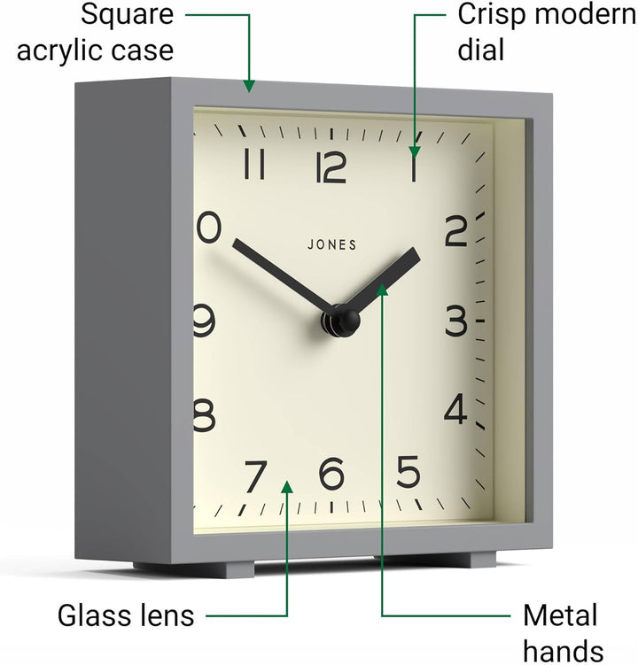 JONES CLOCKS® Disco Tischuhr | Quadratisches Design | Grau | Stilvoll und gut lesbar für Regal, Tisc