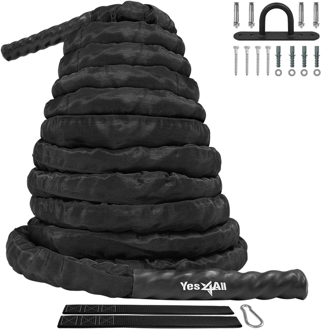 Yes4All Battle Rope, Trainingsseil, Übungsseil mit Schutzhülle - Stahlanker & Riemen inklusive Train