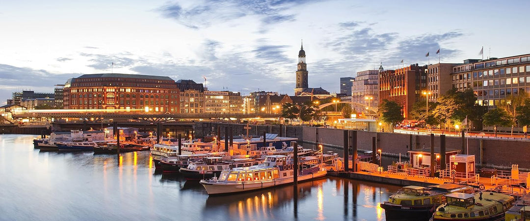Pixxprint Glasbild Panorama, Wandbild aus Echtglas, Hamburger Hafen am Abend, 100x40 cm, inkl. Aufhä