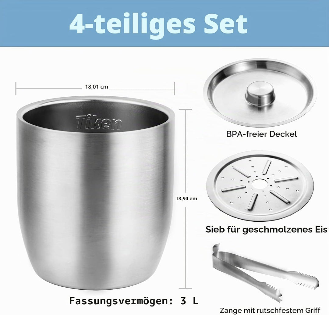 Tiken 3L Edelstahl Eiseimer mit Deckel und Zange Doppelwandiger Vacuum Isolierter Eiskübel Eiswürfel