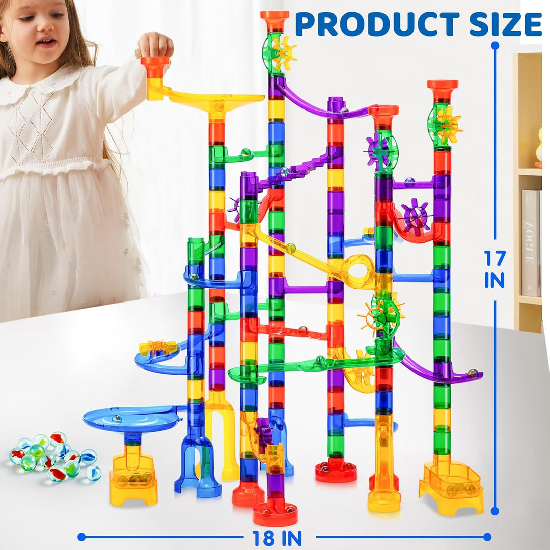 JOYIN 170 Stück Mehrfarbige Murmelbahn Marble Run Set mit 120 Kunststoffteile 50 Glasmurmeln, Bauste