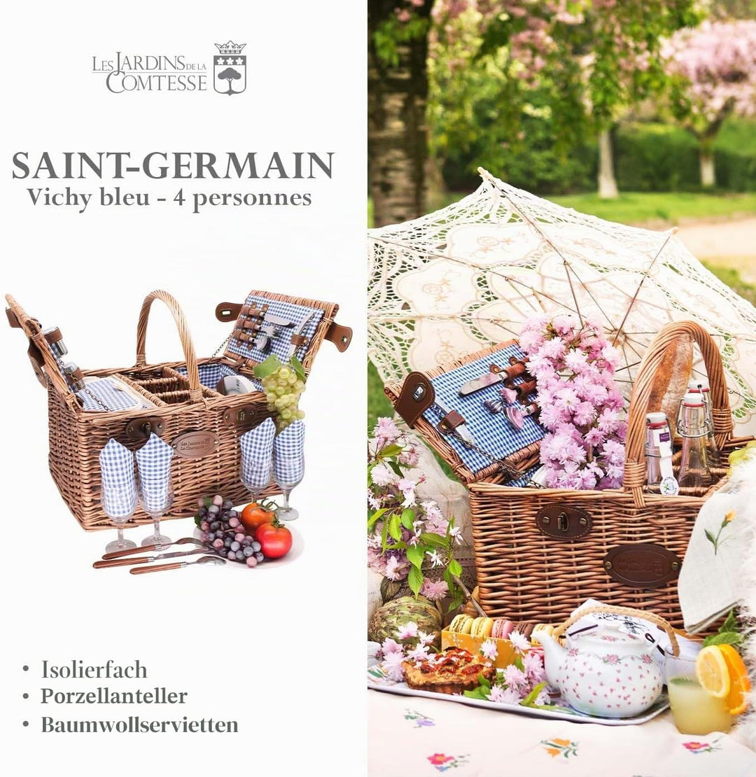 Les Jardins de la Comtesse - Picknickkorb Saint Germain Vichy, Blau – komplett – 4 Personen – Isolie