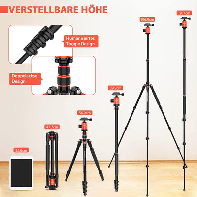 GEEKOTO Kamera Stativ 200cm, DSLR Camera Tripod Aluminum Reisestativ mit Einbeinstativ und 360° Pano