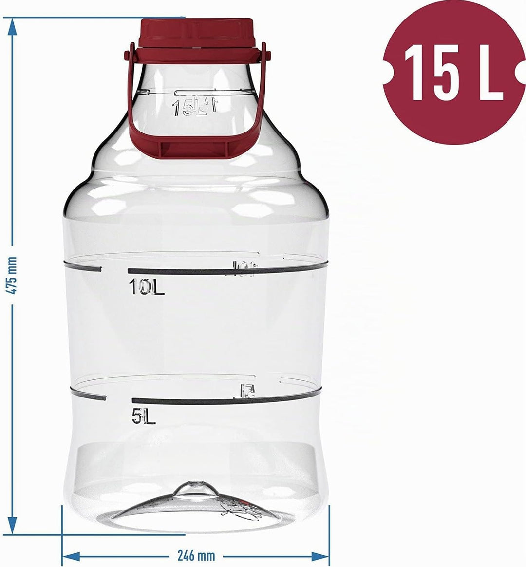 Browin 644315 Weinballon aus Plastik 15 L mit Schraubverschluss, Korken, Gärröhrchen und Tragegurten