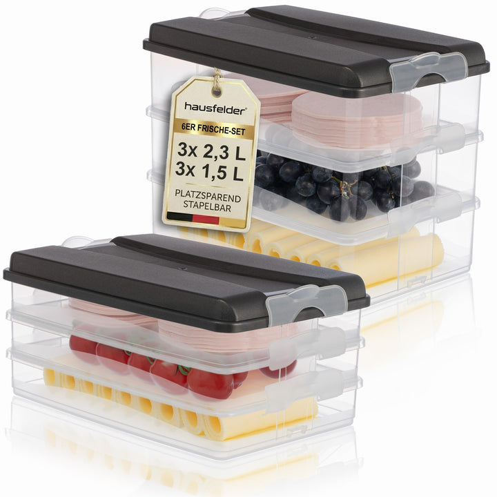 Hausfelder Aufschnittboxen Set 3x 2,3 l + 3x 1,5 l, Anthrazit | Stapelbare Aufschnittboxen mit Decke