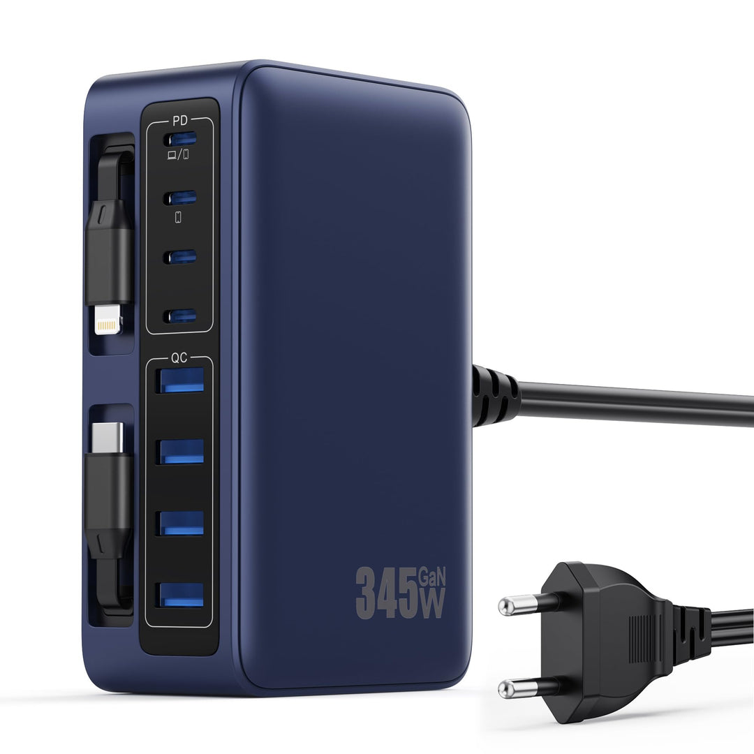 345W USB C Ladegerät Mehrfach mit Einziehbarem Ladekabel, 10-in-1 GaN VI Ladestation, PD/PPS/QC Schn