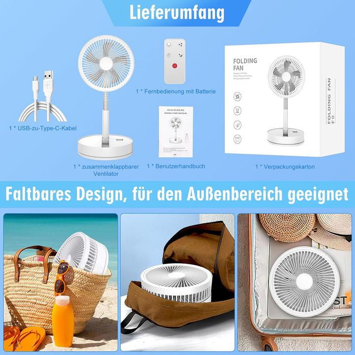 LIPETY Tragbarer Faltbarer Oszillierender Klein Ventilator, 8.6" 8000 mAh Akku Aufladbar USB C Boden