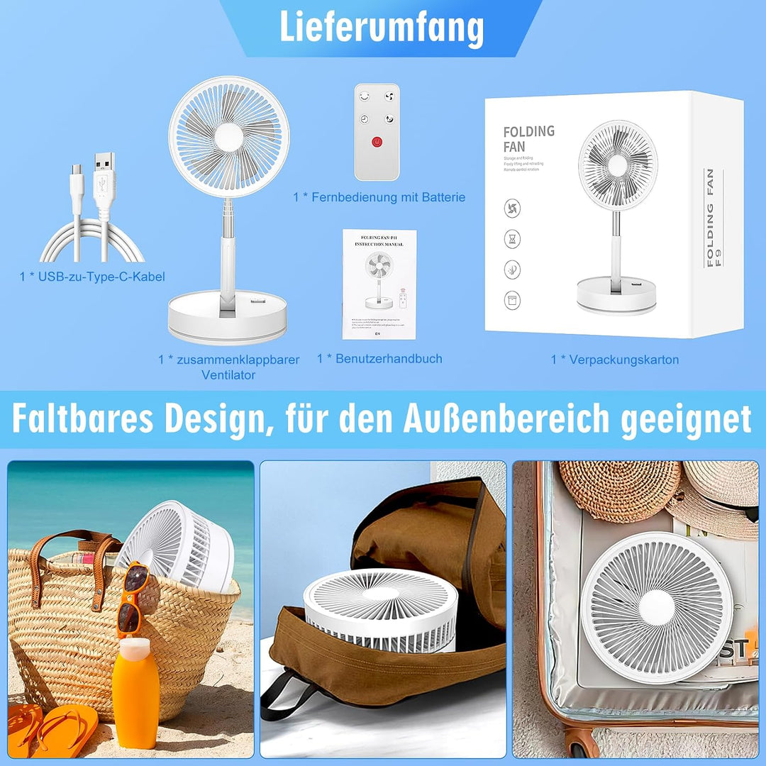 LIPETY Tragbarer Faltbarer Ventilator mit Fernbedienung, 8,6" 8000 mAh Akku Weiss, Weiss