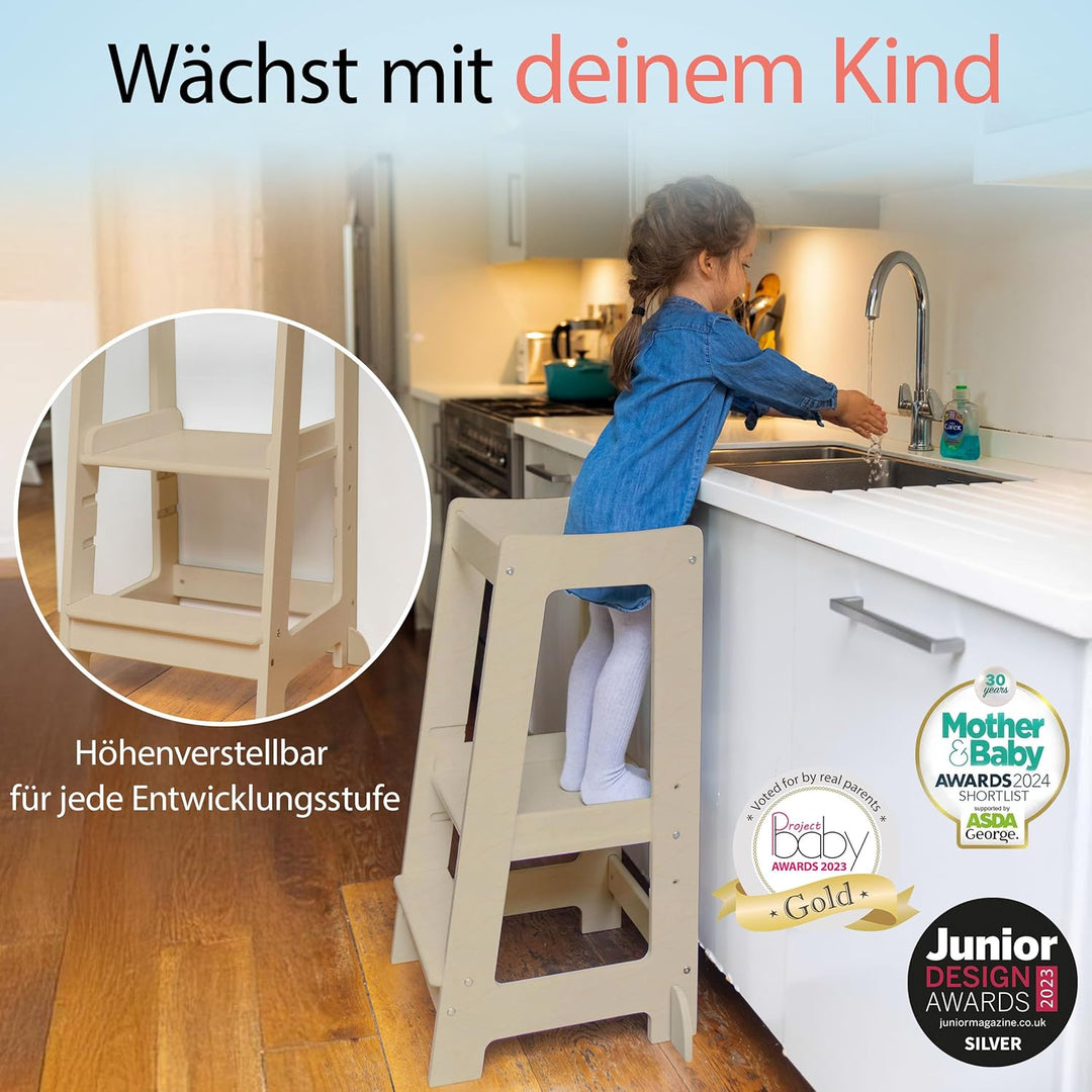 Stepup Baby Montessori Lernturm ab 1 Jahr Höhenverstellbar Tritthocker Kinder mit Sicherheitsgelände