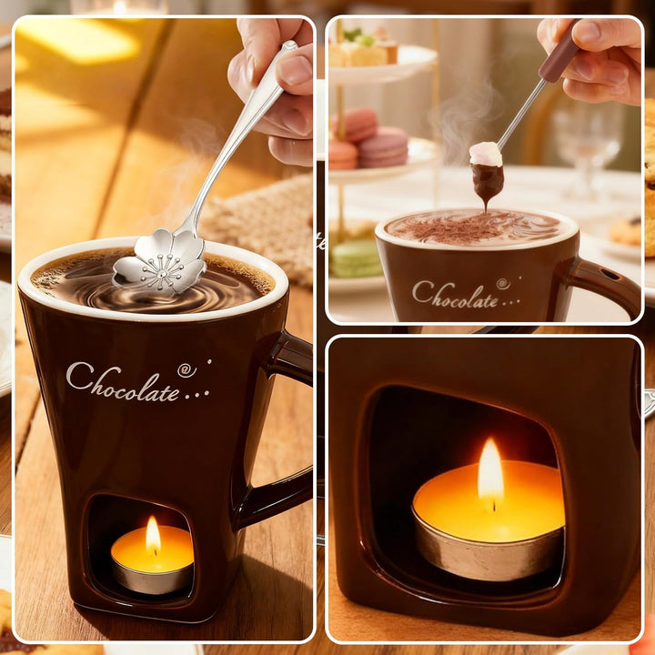 Schokofondue Tasse, 200ml Schokoladen Fondue Becher Set, Keramik Schokoladenfondue Set, mit Gabel un