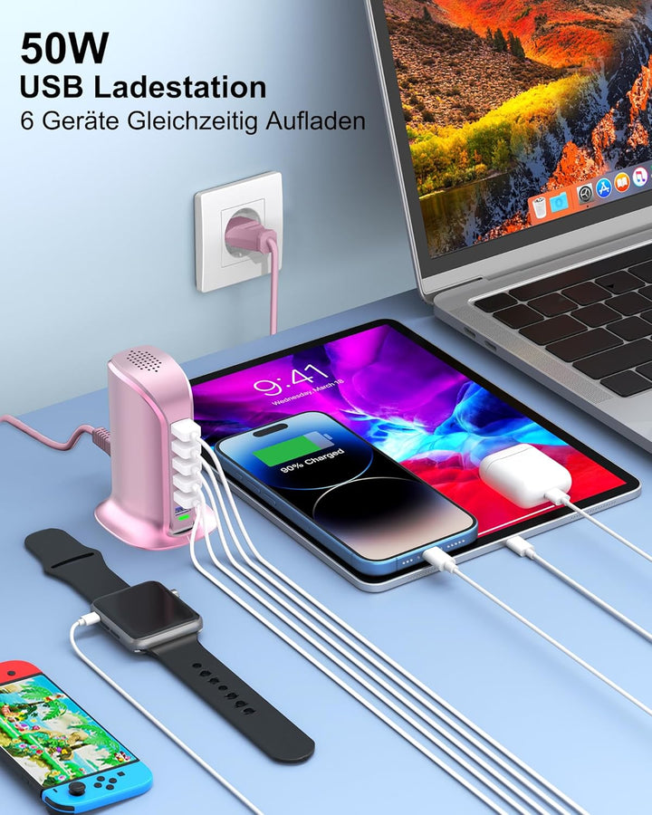 USB Ladegerät 6 Port 50W Multi USB Tower Ladestation Mehrere Geräte für iPhone 15/14/14 Pro/14 Pro M