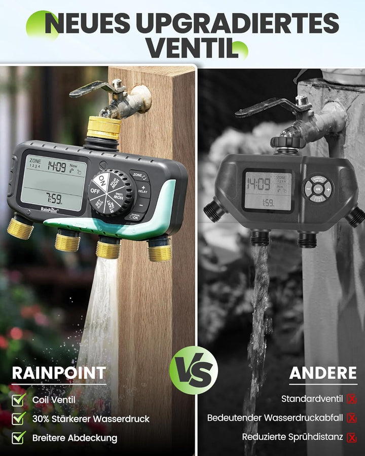 RAINPOINT Bewässerungscomputer 4 Ausgänge, Messing Einlass und Auslass, IP65 Wasserdicht Wasserzeits