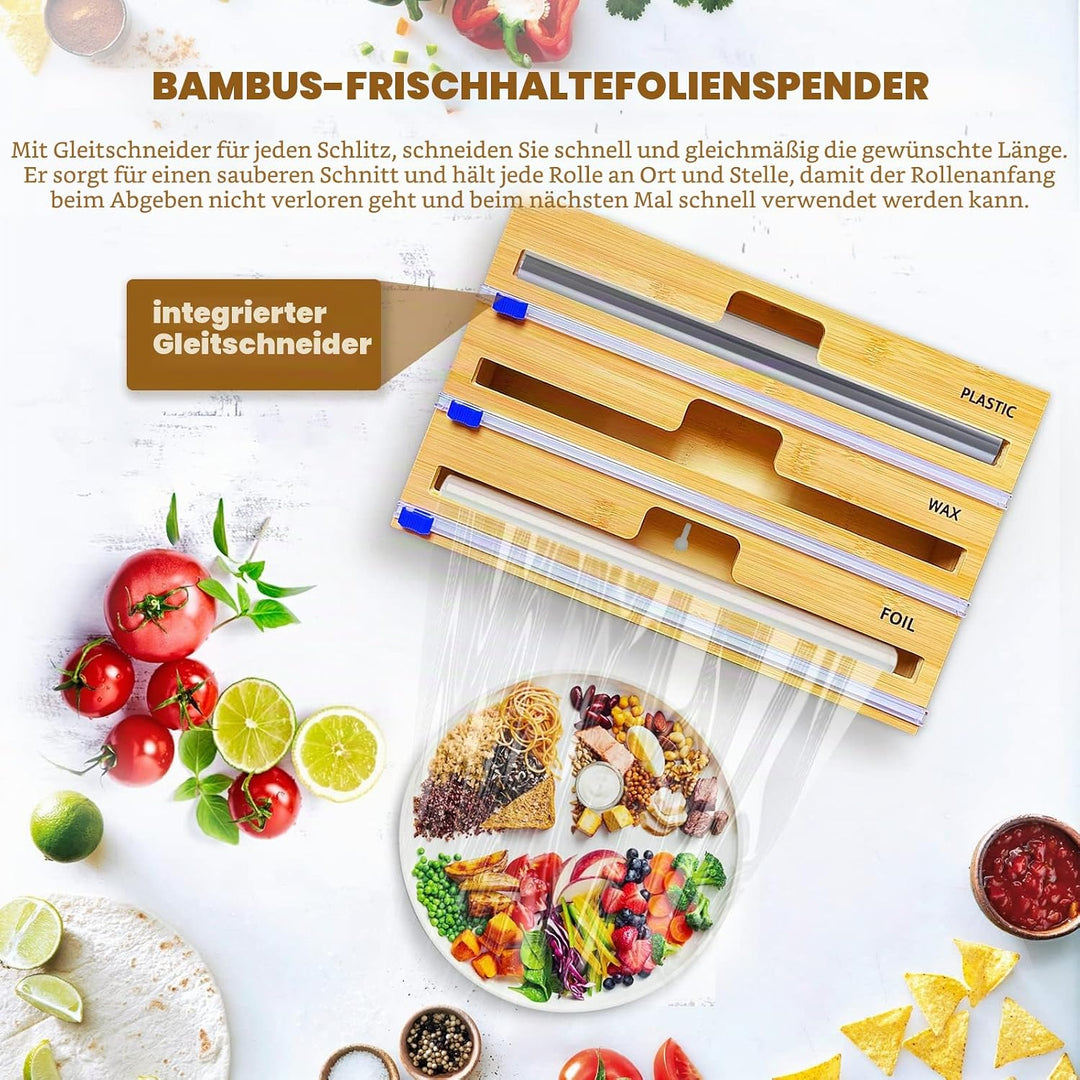 QINGLOU Folienschneider,3 in 1 Folienspender Mit Cutter, Bambus/Folienabroller,Frischhaltefolie, Wac
