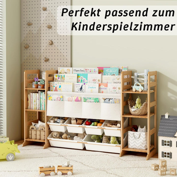 Spielzeug-Organizer Holz mit 16 Spielzeug Organizer 188cm Breit, Bücherregal Kinder Holz, Regal für