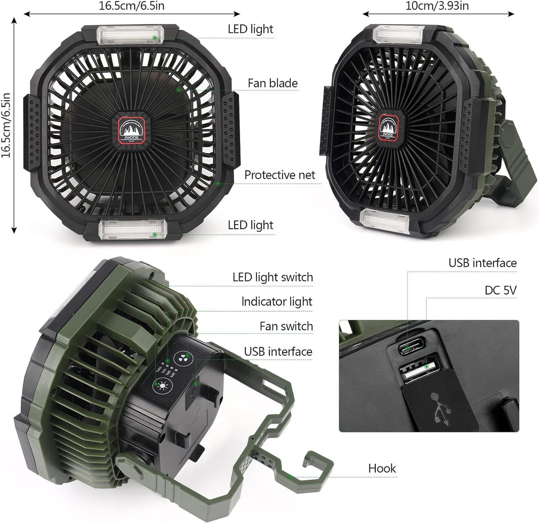 ZWOOS USB Camping Ventilator, 10400mAh Wiederaufladbar Tisch Wand/Leise Ventilator mit 4 Geschwindig