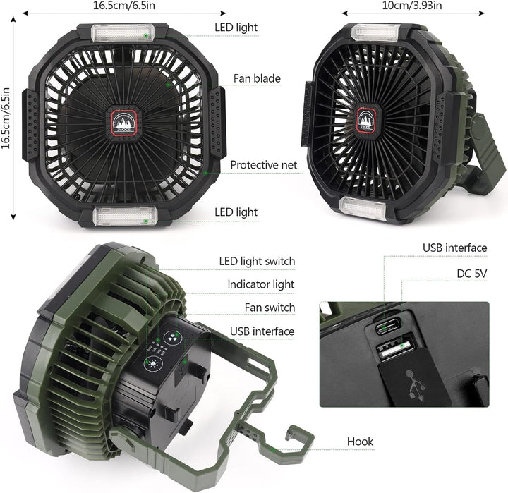 ZWOOS USB Camping Ventilator, 10400mAh Wiederaufladbar Tisch Wand/Leise Ventilator mit 4 Geschwindig