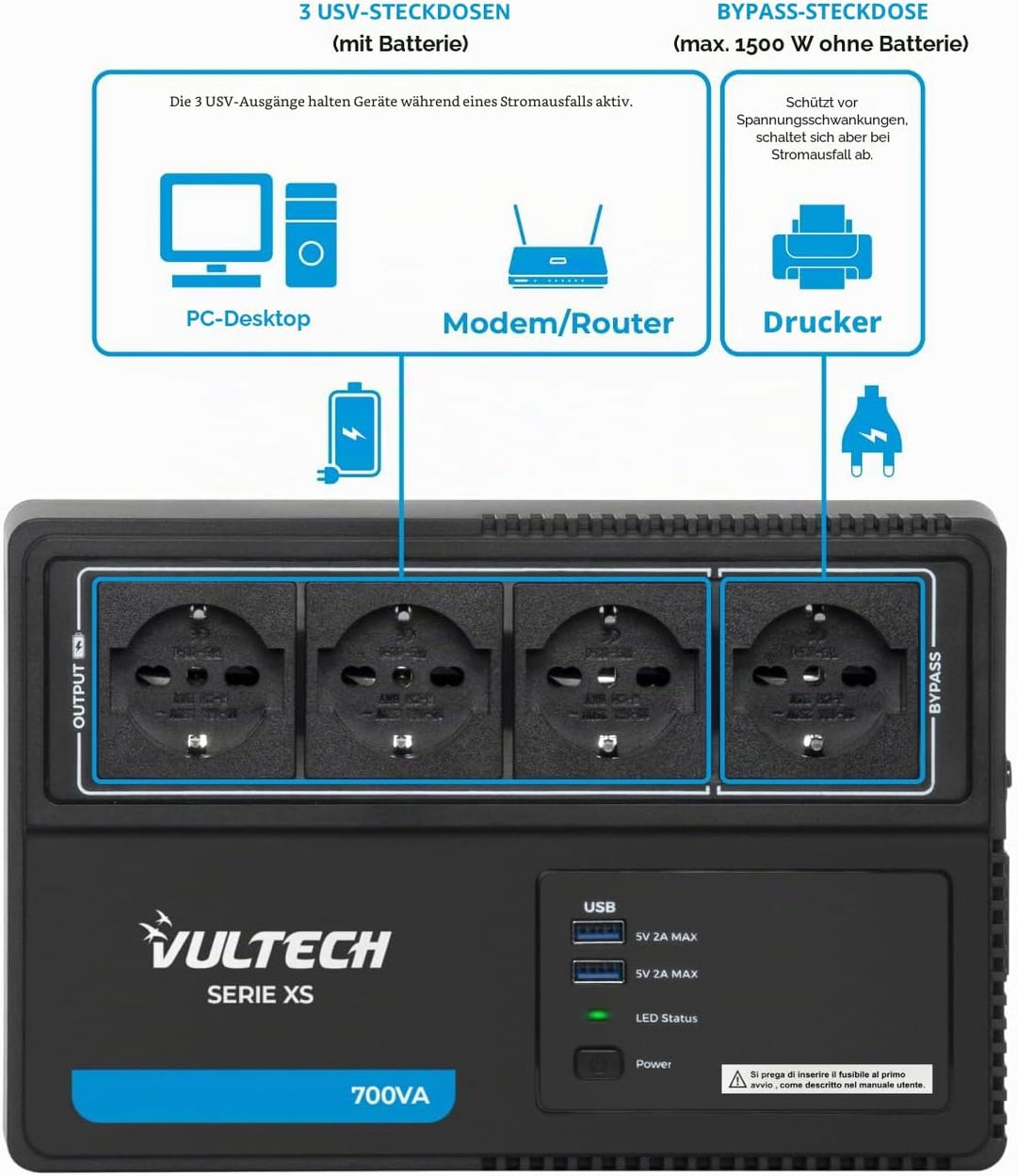 VulTech UPS700VA-XS UPS Steckdosenleiste 700VA/390WA, unterbrechungsfreie Stromversorgung, Line-Inte