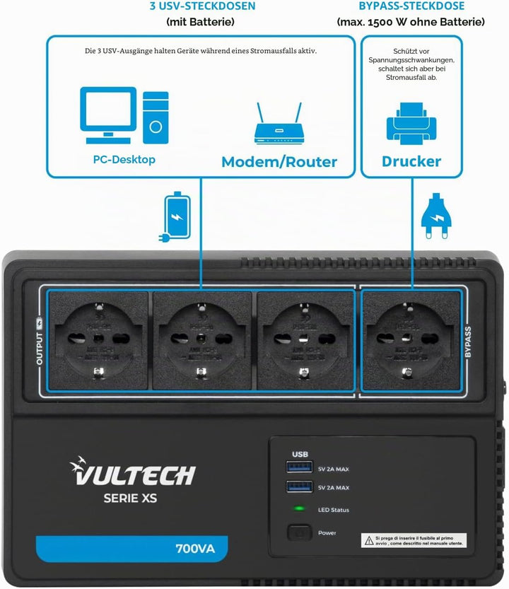 VulTech UPS700VA-XS UPS Steckdosenleiste 700VA/390WA, unterbrechungsfreie Stromversorgung, Line-Inte
