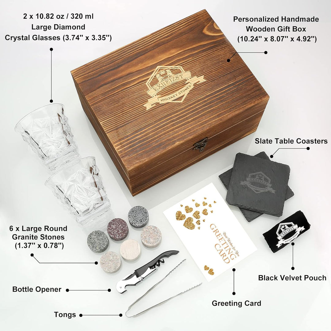 Whisky Stones and Glasses Gift Set, Whisky Rocks Chilling Stones in Handmade Wooden Box - Cool Drink