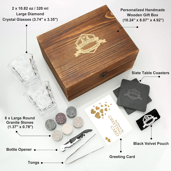 Whisky Stones and Glasses Gift Set, Whisky Rocks Chilling Stones in Handmade Wooden Box - Cool Drink