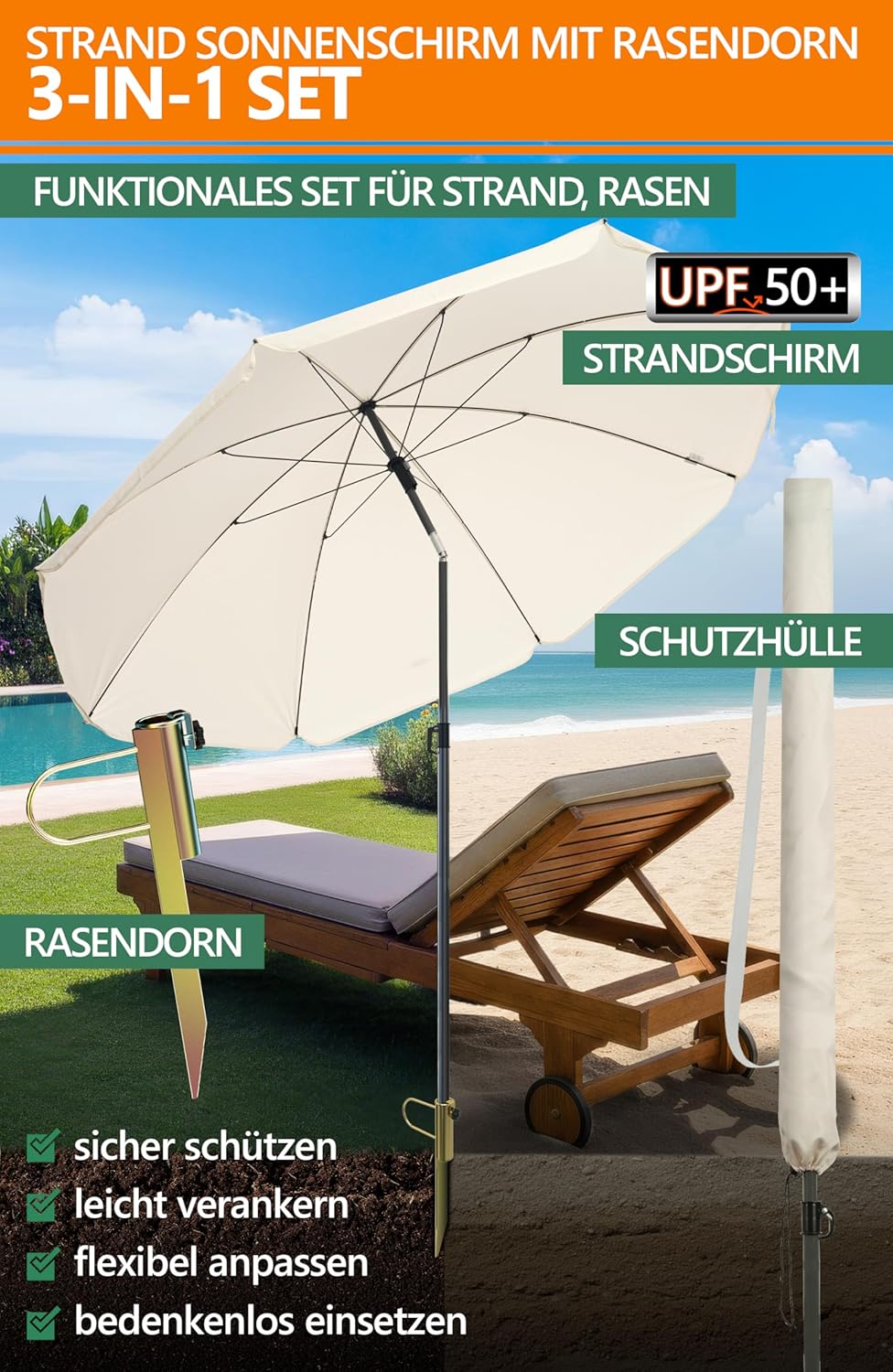 4smile SunnyJoy Sonnenschirm Strand 180 cm, Strandschirm windfest stabil in Beige, inkl. Rasendorn S