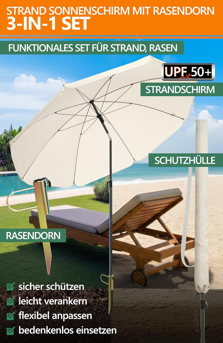 4smile SunnyJoy Sonnenschirm Strand 180 cm, Strandschirm windfest stabil in Beige, inkl. Rasendorn S