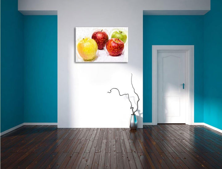 Äpfel Pinsel Effekt, Format: 100x70 auf Leinwand, XXL riesige Bilder fertig gerahmt mit Keilrahmen,