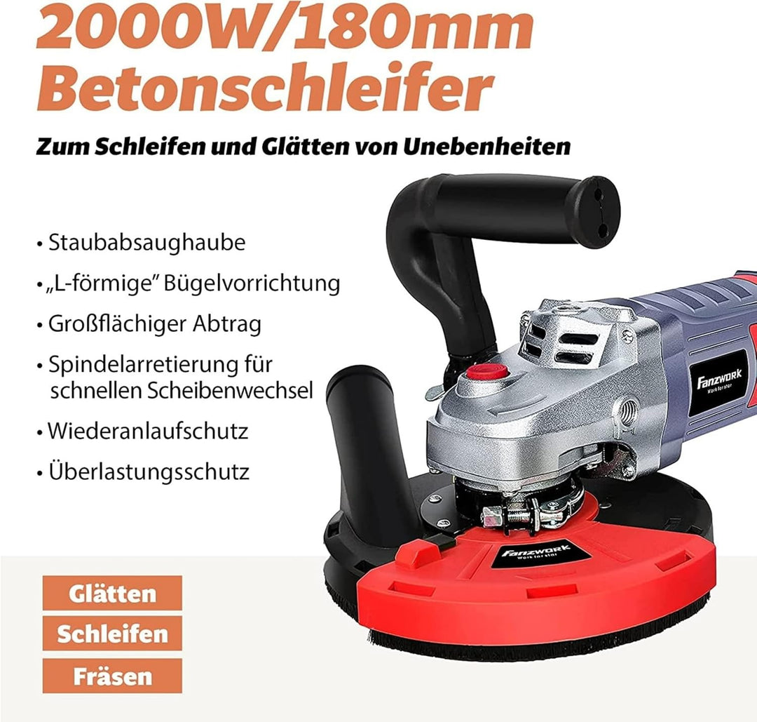 FANZWORK Betonschleifer Betonfräse Set mit Diamantschleiftopf und Absaughaube (2000W/180mm), 2000W/1