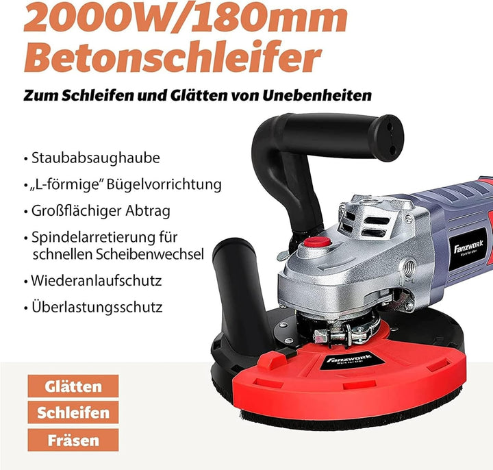 FANZWORK Betonschleifer Betonfräse Set mit Diamantschleiftopf und Absaughaube (2000W/180mm), 2000W/1