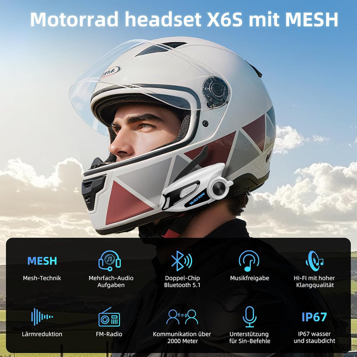 X6S Motorrad Intercom,integriertem Mesh Intercom System, Dual-Chip für Audio-Multitasking Kopfhörer,