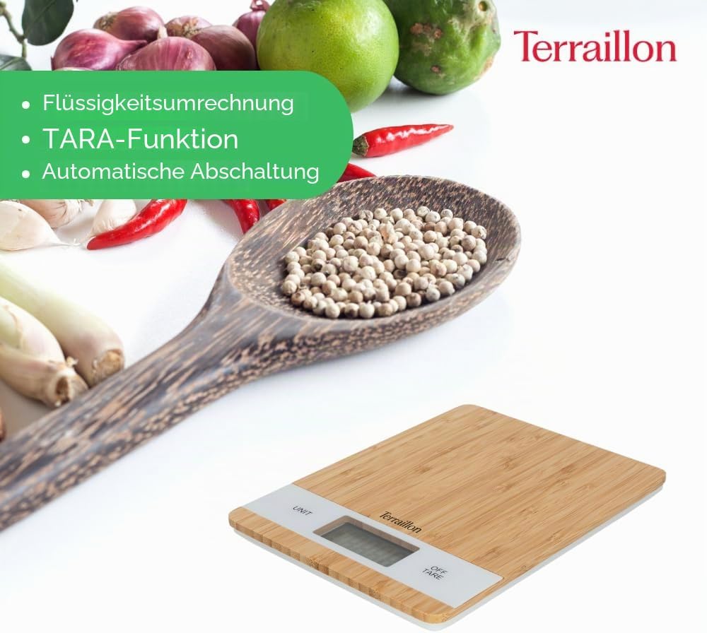 TERRAILLON Bamboo Küchenwaage, USB, wiederaufladbar über USB, automatische Abschaltung – Tara-Funkti