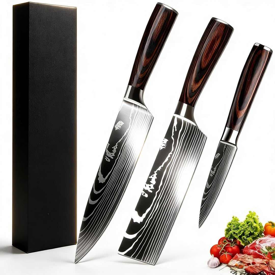 Camkum Küchenmesser Set 3pcs, Kochmesser Set Messerset Scharfe Messer aus EN1.4116-Stahl mit Kochmes
