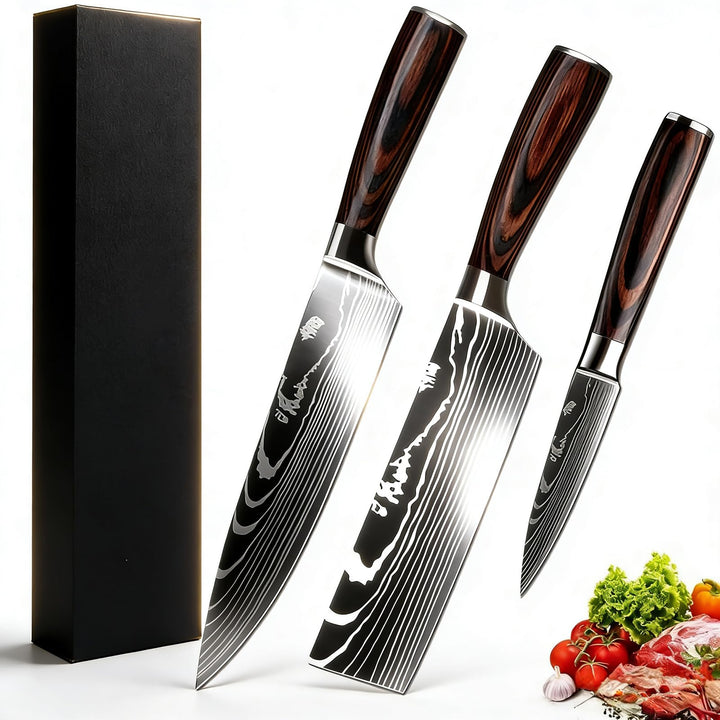Camkum Küchenmesser Set 3pcs, Kochmesser Set Messerset Scharfe Messer aus EN1.4116-Stahl mit Kochmes