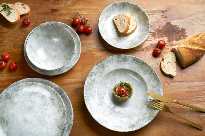 Van Well Korfu Tiefer Teller 21,5 cm grau aus Porzellan – 6er Set für Suppe Pasta & Salat Teller tie