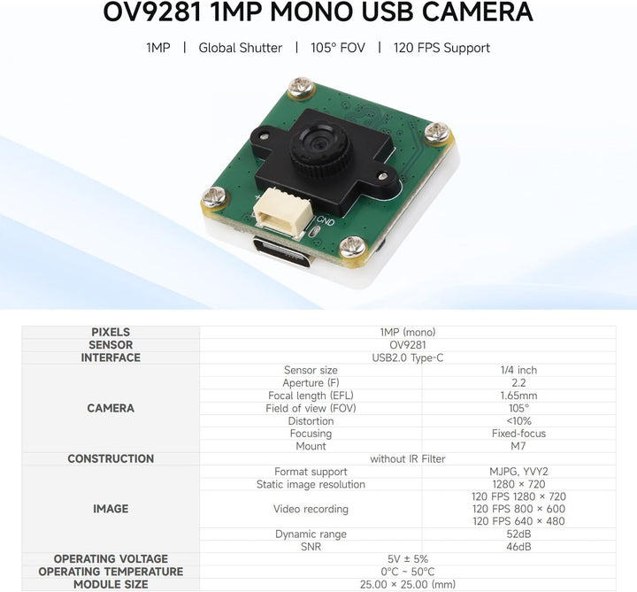 Waveshare OV9281 1MP Mono USB Camera (A), Supports 120FPS High Frame Rate Recording, Global Shutter
