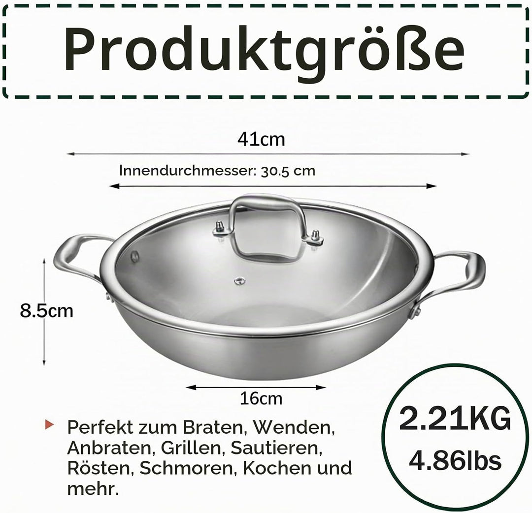 Edelstahl Pfanne 30m,3-Schicht Edelstahlpfanne,Wokpfanne mit Deckel,Induktions Servierpfannen,Gasher