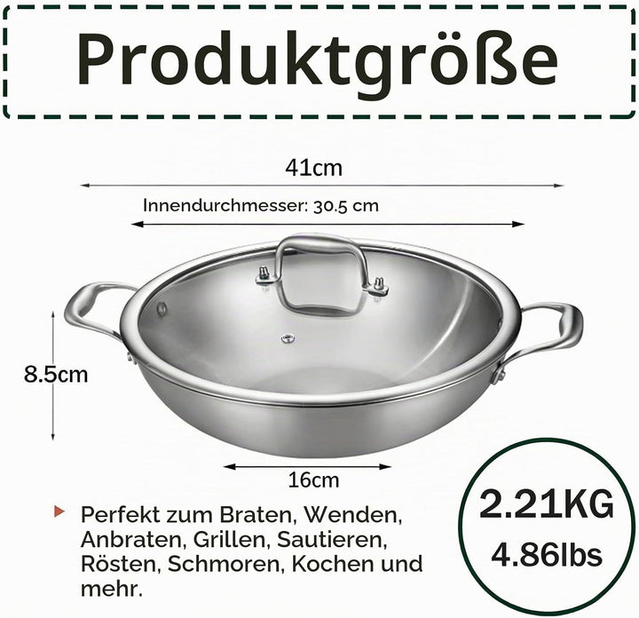 Edelstahl Pfanne 30m,3-Schicht Edelstahlpfanne,Wokpfanne mit Deckel,Induktions Servierpfannen,Gasher