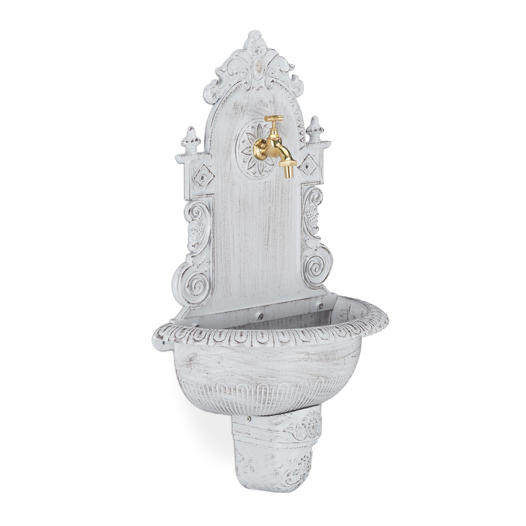 Relaxdays XL Wandbrunnen antik, mit Wasserhahn, nostalgisch, Waschbecken Garten, Aluguss, HBT 75 x 4