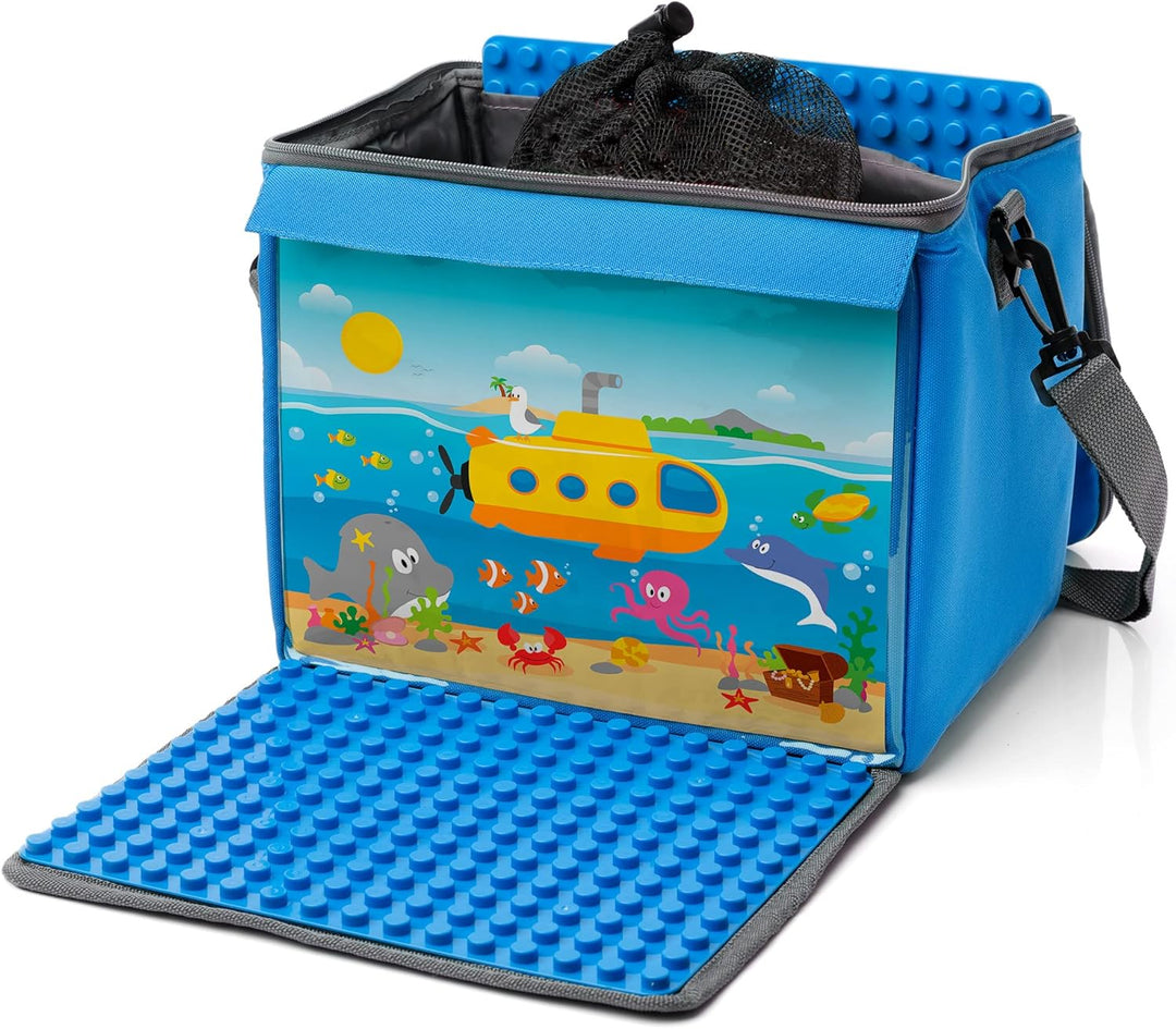 fantifant Baustein-Tasche mit ausklappbarer Bauplatte | meerblau Grösse L I kompatibel mit Lego Dupl