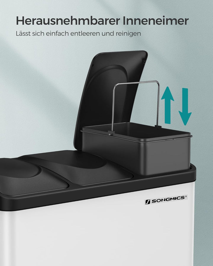 SONGMICS Mülleimer Küche, Mülltrennsystem 3 Fächer, Abfalleimer, 45 Liter Treteimer aus Metall, 3 x