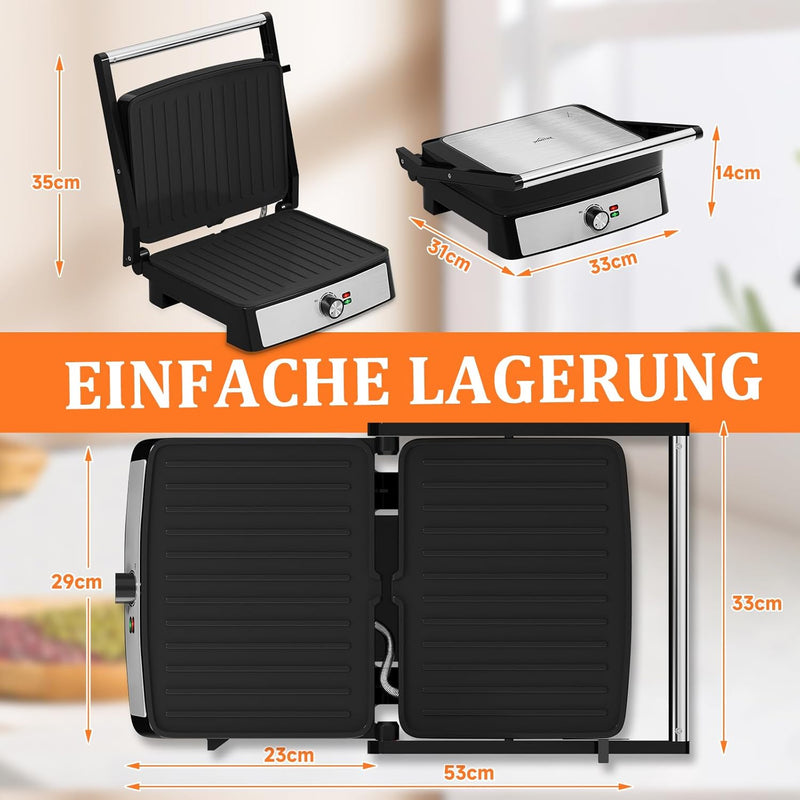 HOMELUX Kontaktgrill, Sandwichmaker und Panini Grill 2200W, Sandwich Maker für Fettfreies Grillen, T